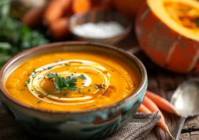 Préparation : soupe de potiron et carotte sublimée par le lait de coco